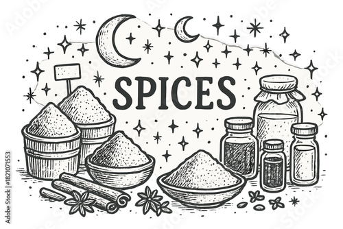 Magical Spice Market. Hand-drawn spice market with moons, jars, and sparkles, center word “Spices” in black and white isolated