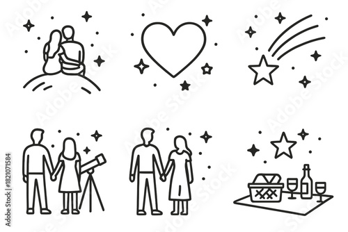 Romantic Stargazing Icons. Line style icons of romantic stargazing tourism: couple on hilltop, love under stars icon, shooting