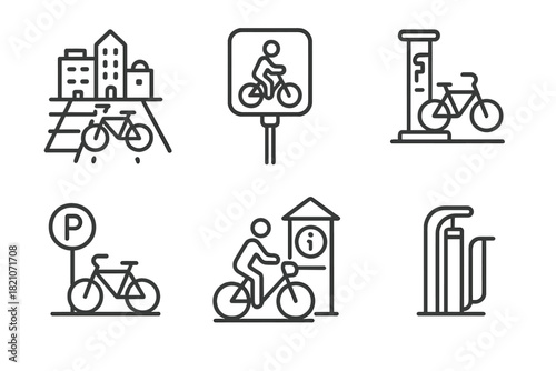 Bike-Friendly City Icons. Line style icons of bike-friendly cities: city bike lane grid, cyclist crossing light, bike repair