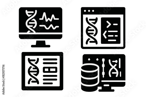 Bioinformatics Dashboard Icons. Solid style icons of interface and software: DNA GUI dashboard, sequence editor window,