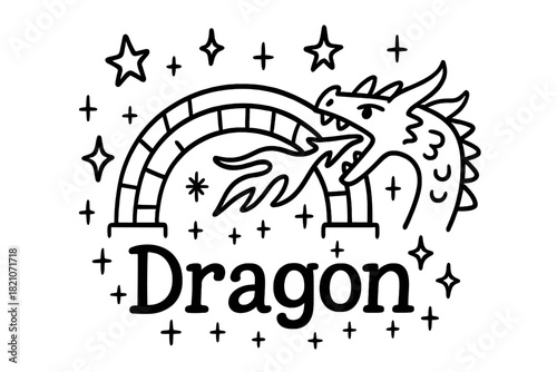 Dragon Doodle Bridge. Doodle dragon bridge with stars, flames, and sparkles, center word “Dragon” in black and white isolated
