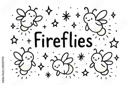 Firefly Spirit Doodles. Doodle firefly spirits with stars, lights, and sparkles, center word “Fireflies” in black and white