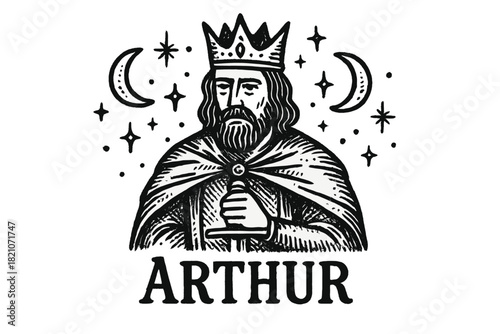 King Arthur Design. Hand-drawn king arthur with moons, crown, and sparkles, center word “Arthur” in black and white isolated