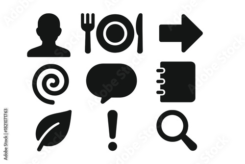 Behavioral Norms Icons. Solid style icons of behavioral norms and taste formation: human silhouette, fork, knife, plate, arrow,