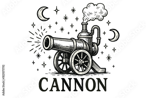 Steam Cannon Art. Hand-drawn steam cannon with moons, sparks, and sparkles, center word “Cannon” in black and white isolated
