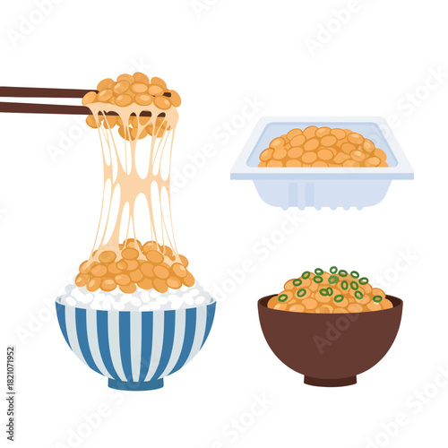 Three stylized depictions of natto show sticky fermented soybeans lifted by chopsticks over rice to reveal gooey strands, accompanied by a commercial foam pack and a bowl garnished with scallions