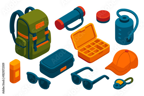 Fishing Gear Icons. Isometric vector illustration set Fishing equipment – tackle backpack, rod tube, reel case; gear organizer,