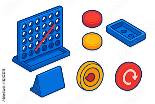 Vivid Board Games Icons. Isometric vector illustration set Board games – grid frame, red disc, yellow disc; winning line highlight