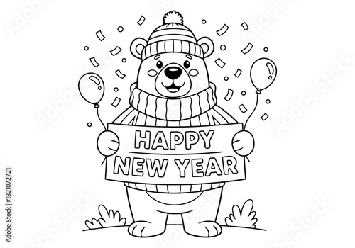Festive happy New Year bear character coloring pages, cute winter celebration line art illustration