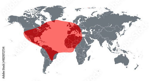 World map showing the distribution range of a species in red