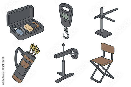 Archery Gear Essentials. Isometric vector illustration set Archery gear: bowstring maintenance kit, handheld bow scale, string