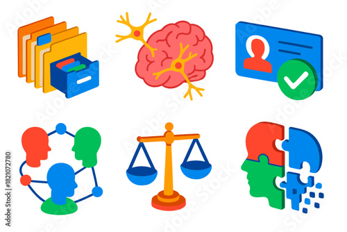 Memory Icon Set. Isometric vector illustration set Philosophy of memory: memory archives, brain neurons firing, authenticity check