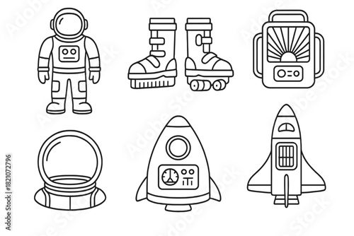 Retro Space Mod Icons. Line style icons of space-themed retro mods: chrome astronaut suit, gravity boots mod, ray-panel backpack,