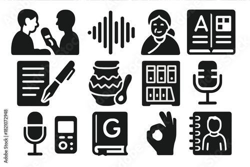Language Preservation Icons. Solid style icons of Language preservation: oral interview, sound wave, dictionary page,