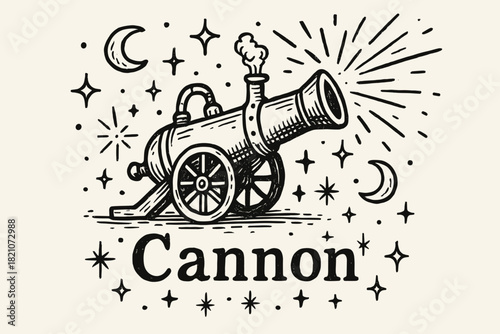 Steam Cannon Art. Hand-drawn steam cannon with moons, sparks, and sparkles, center word “Cannon” in black and white isolated
