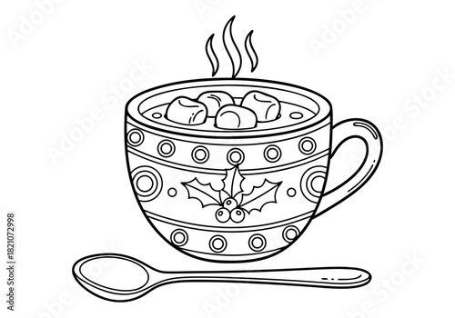 Outline Illustration of a Cozy Hot Drink Mug with Marshmallows and Spoon for Delightful Coloring Pages Activities