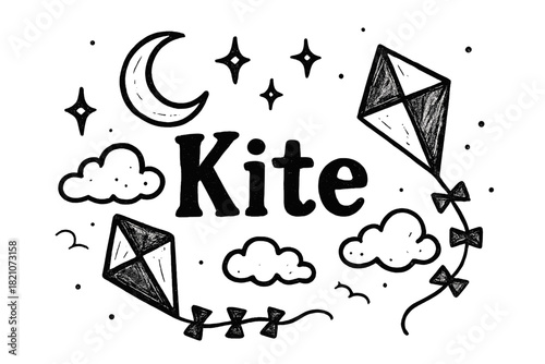 Moonlit Kite Park. Hand-drawn kite park with moons, sparkles, and clouds, center word “Kite” in black and white isolated