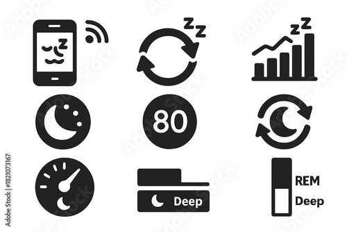Sleep Cycle Icons. Solid style icons of sleep cycle optimization: smart sleep icon, cycle tuning ring, stage tracker chart. Sleep