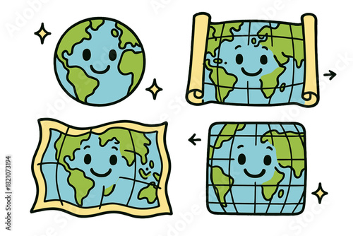 Joyful Globe Comparisons. Joyful doodle globe projection comparison with happy spheres, cartoon map sheets stretching, smiling