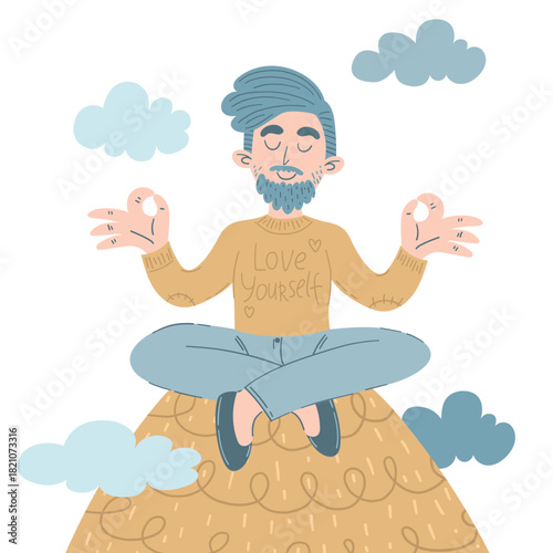Doodle-style man meditating in lotus pose atop mountain surrounded by clouds, perfect for wellness, mindfulness, yoga, spiritual projects, relaxation themes, wellness posters, mindfulness apps