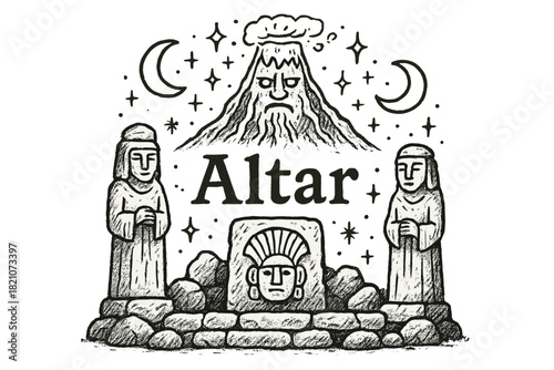 Volcanic Altar Art. Hand-drawn volcano god altar with moons, statues, and sparkles, center word “Altar” in black and white