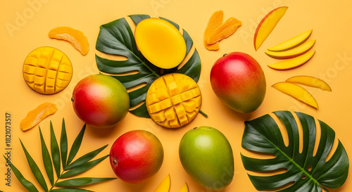 Fototapeta Naklejka Na Ścianę i Meble -  tripcal summer mango fruits with leaves 