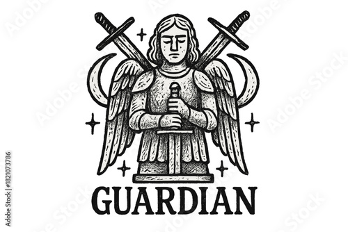 Guardian Statue Design. Hand-drawn guardian statue with moons, swords, and sparkles, center word “Guardian” in black and white