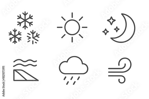 Weather Icons for Racing. Line style icons of weather conditions for racing: snowflakes falling icon, clear blue sky, night