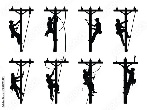 Electrician lineman worker silhouettes climbing power pole maintenance fixing utility infrastructure vector set collection