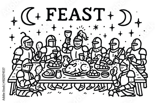 Medieval Moonlit Feast. Hand-drawn knight feast with moons, tables, and sparkles, center word “Feast” in black and white isolated