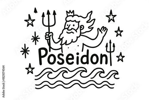 Poseidon's Doodle Design. Doodle poseidon with stars, tridents, and waves, center word “Poseidon” in black and white isolated