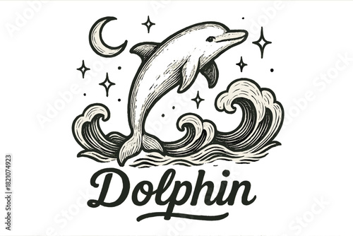 Dolphin Magic Art. Hand-drawn dolphin with moons, waves, and sparkles, center word “Dolphin” in black and white isolated