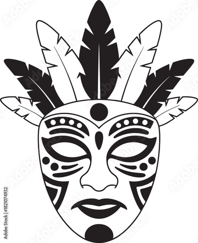 Tribal mask with feathers black and white illustration