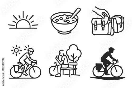 Daily Cyclist Icons. Line style icons of daily cyclist routine: sunrise start time, breakfast with oats, packing panniers icon,
