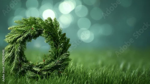 Evergreen wreath resting on vibrant green grass with blurred teal background bokeh lights
