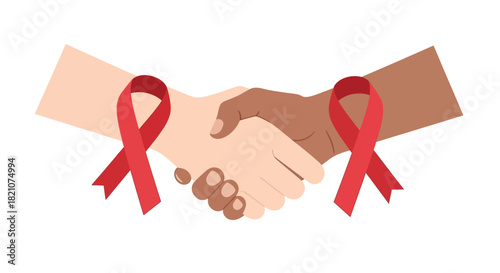 Handshake with red ribbon symbolizing hiv aids awareness isolated on