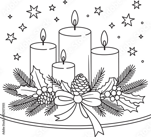 Christmas advent candles with pinecone and holly decoration line art