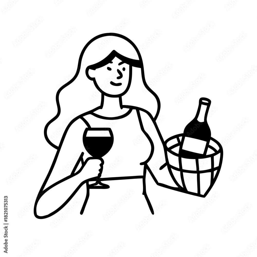 Obraz premium Smiling woman holding wine glass and bottle in basket.