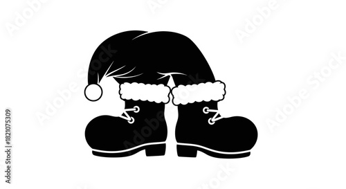 Black silhouette of santa boots and hat with white trim isolated on