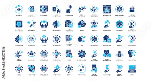 Automation icon set collection. Containing services, server, improvement, intelligence, brain, learning, future .Solid vector icons collection
