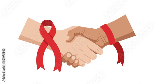 Two hands shaking with red ribbon symbolizing hiv awareness isolated on