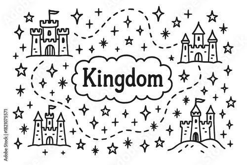 Doodle Kingdom Map. Doodle kingdom map with stars, castles, and sparkles, center word “Kingdom” in black and white isolated