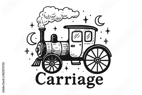 Steampunk Carriage Design. Hand-drawn steam-powered carriage with moons, wheels, and sparkles, center word “Carriage” in black and