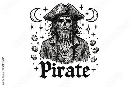 Drowned Pirate Artistry. Hand-drawn drowned pirate with moons, coins, and sparkles, center word “Pirate” in black and white