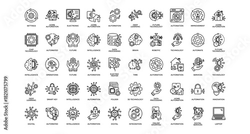Automation icon set collection. Containing services, server, improvement, intelligence, brain, learning, future .Line vector icons collection