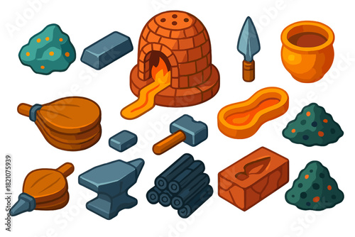 Ancient Metallurgy Icons. Isometric vector illustration set Ancient Metallurgy: dome smelting furnace, unrefined ore, iron ingot,