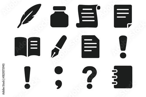 Punctuation Evolution Icons. Solid style icons of historical development of punctuation: quill, ink pot, scroll, manuscript, pen,