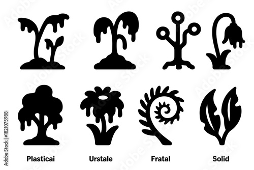 Eerie Regeneration Icons. Solid style icons of eerie regeneration: strange saplings, distorted sprouts, synthetic growth. Melted