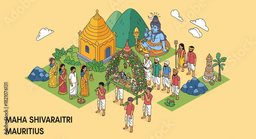 Vibrant Illustrative Depiction of Devotees Celebrating a Hindu Festival in a Tropical Island Setting, Showcasing Rich Cultural Traditions and Spiritual Devotion