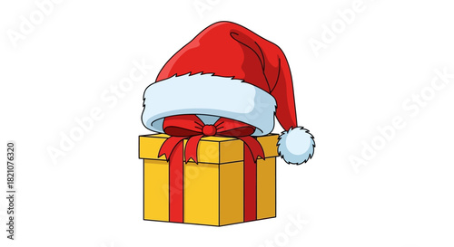 Red and white santa hat resting on a yellow gift box isolated on
